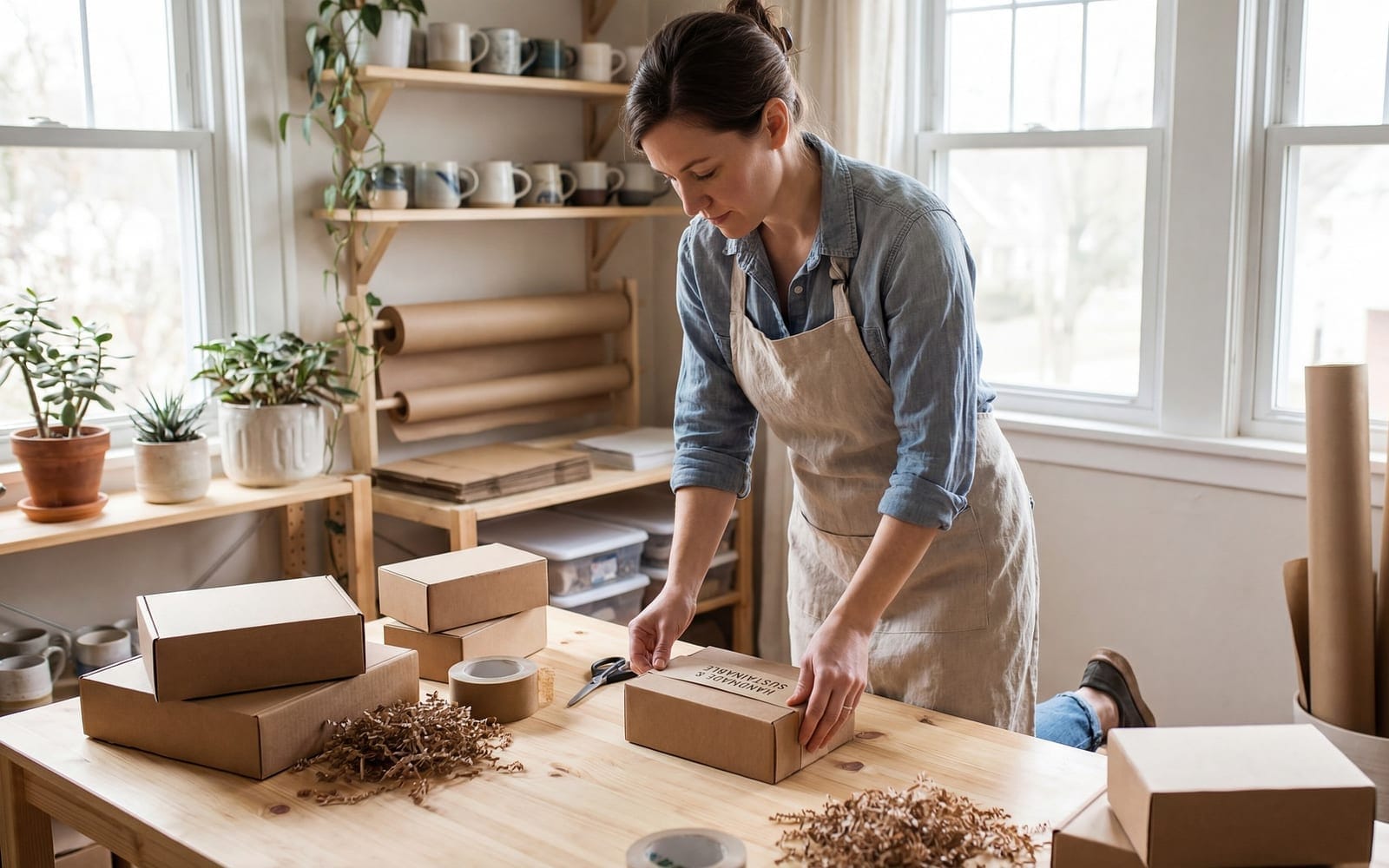 A small business owner packing customer orders at their workbench